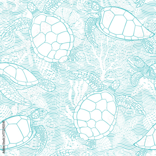 Turtles and sea creatures on waves background.   Art sea seamless pattern.  Perfect for wallpaper, wrapping, fabric, print and textile. Hand drawn vector illustration. © maritime_m