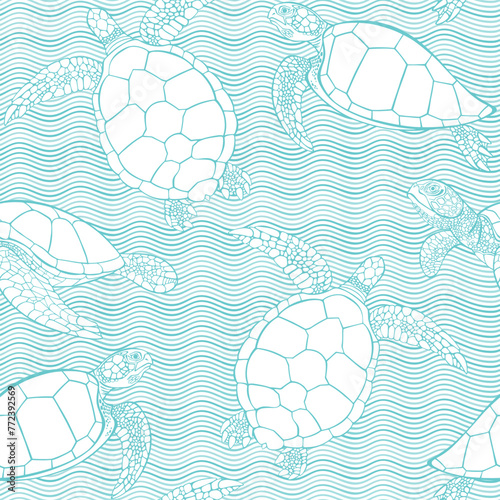 Turtles. Sea creatures on waves background. Abstract seamless pattern. Monochrome.  Hand drawn  vector illustration. Perfect for design templates, wallpaper, wrapping, fabric,  print and textile.