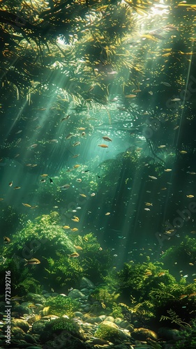 Sunbeams piercing through the water create an enchanting underwater scene, illuminating the swaying fronds of a lush kelp forest.