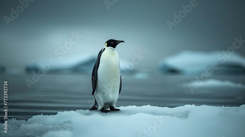 A lone Emperor penguin stands on a snow drift against the subtle hues of twilight in the serene Antarctic landscape.