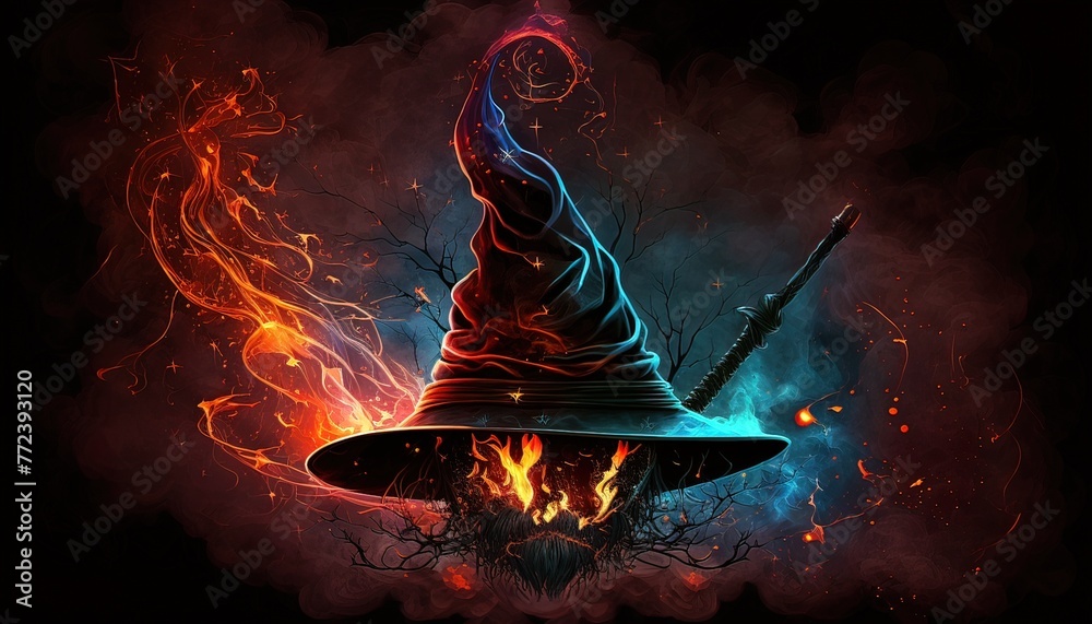 Dark wizard hat and skull Generate AI - obrazy, fototapety, plakaty 