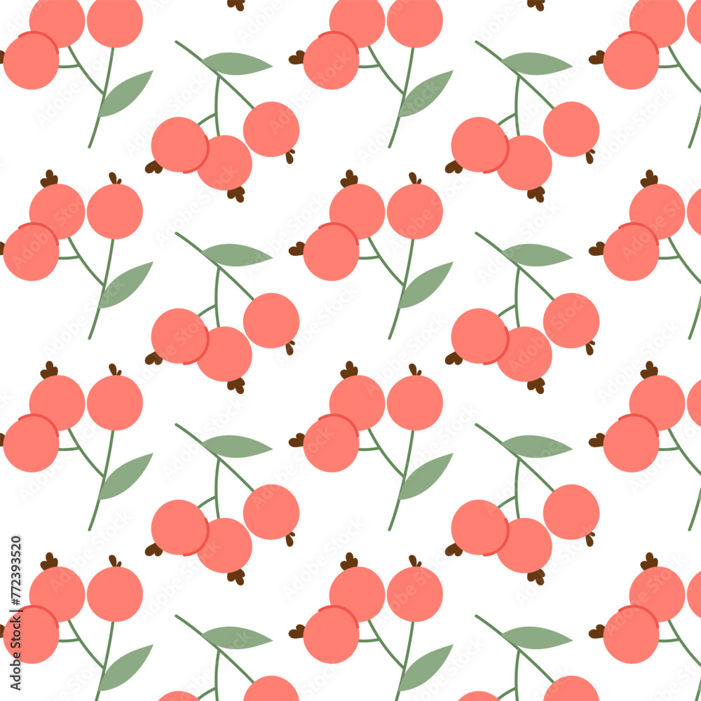 Pattern with ripe red berries on a transparent background. Branch with wild berries in flat style. Background with berries. Seamless pattern for textile, wrapping paper, background.	
