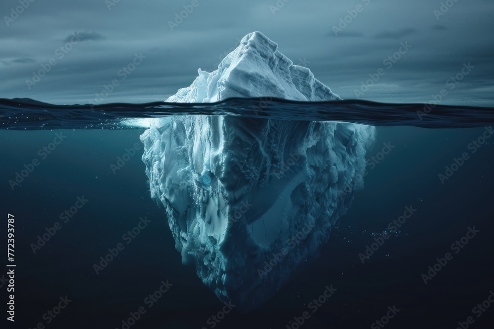 Iceberg floating on dark sea, large part visible underwater, smaller tip above surface - obrazy, fototapety, plakaty 