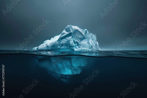Iceberg floating on dark sea, large part visible underwater, smaller tip above surface © Anna