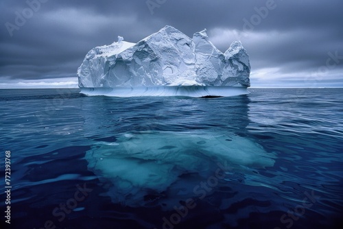 Iceberg floating on dark sea, large part visible underwater, smaller tip above surface © Anna