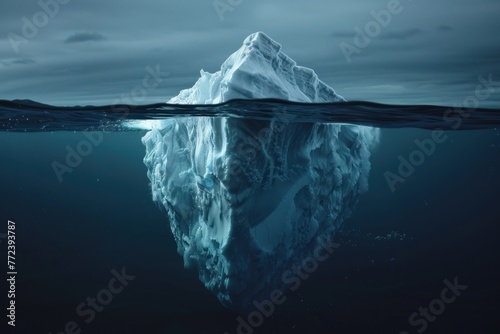 Iceberg floating on dark sea, large part visible underwater, smaller tip above surface photo