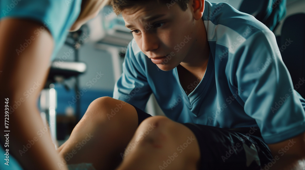 A close-up shot captures the concentration on a physiotherapist's face as they assess and treat a teenage boy's injured knee, emphasizing expertise