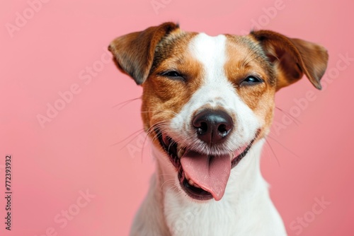 Jack Russell Terrier Dog winking and sticking out tongue on solid color bright background © Anna
