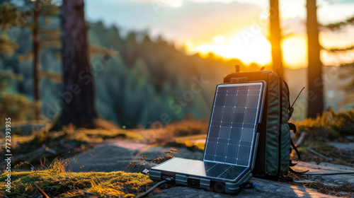 Portable solar panels charging a rugged outdoor battery pack, wilderness blurred in the background photo
