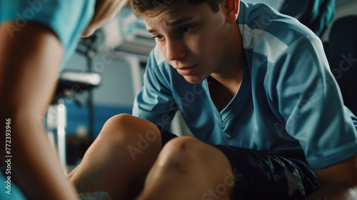 Obraz na płótnie A close-up shot captures the concentration on a physiotherapist's face as they assess and treat a teenage boy's injured knee, emphasizing expertise w salonie