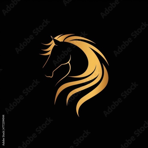 A striking illustration featuring an elegant, stylized golden horse's head and mane set against a deep black backdrop, embodying grace and strength