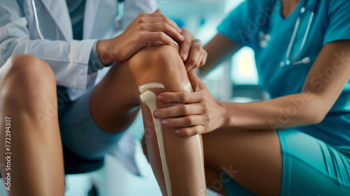 This naturalistic depiction of a physiotherapist engaging in hands-on treatment with a young athlete's injured knee promotes the holistic approach to orthopedic care photo