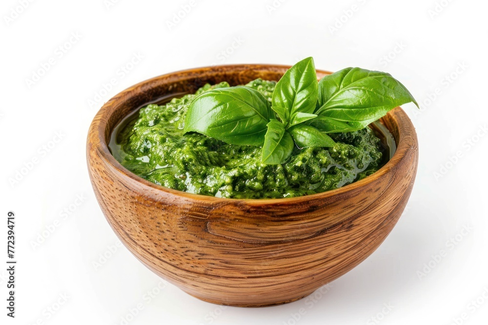 Lovely fresh green pesto with basil in a beautiful wooden bowl isolated on a white background Lovely fresh green pesto with basil in a beautiful wooden bowl isolated on a white background