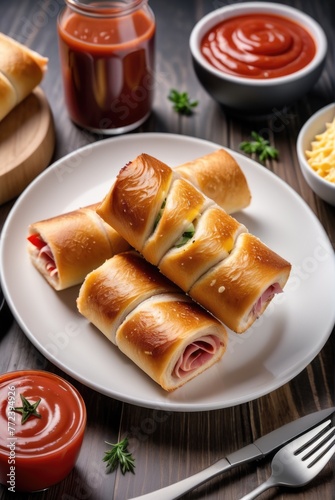 Vertical shot of toast rolls with ham and cheese and tomatoes and ketchup on a white plate