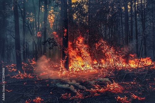 Fire in the forest, burning dry grass and trees in the background