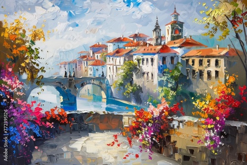 beautiful oil painting of an old mediterranean european town