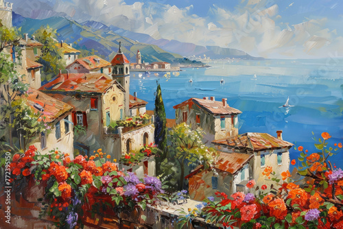 beautiful oil painting of an old mediterranean european town