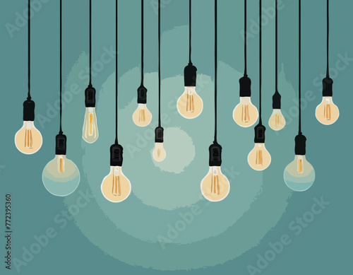 Hanging lamps banner. Home ceiling lamp with bulbs. Electric modern interior decor design, lights decorative vintage chandeliers retro racy vector background
