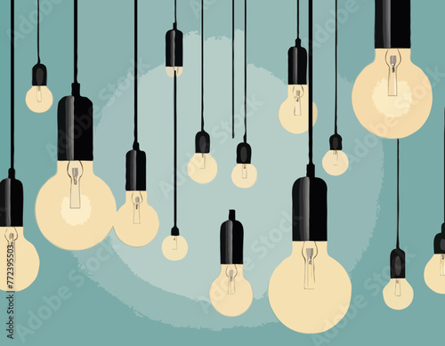 Hanging lamps banner. Home ceiling lamp with bulbs. Electric modern interior decor design, lights decorative vintage chandeliers retro racy vector background