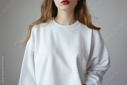 Mockup. Young woman wearing blank basic plain white oversized crewneck sweatshirt