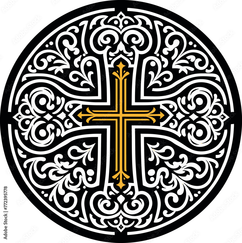 Vector illustration of an ornamental Christian cross, featuring a Celtic cross or Armenian Khachkar design within a circular frame, incorporating Christian motifs and Catholic ornamentation. 