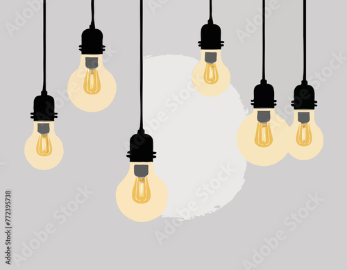 Hanging lamps banner. Home ceiling lamp with bulbs. Electric modern interior decor design, lights decorative vintage chandeliers retro racy vector background