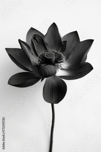 A black flower with a white background. The flower is the main focus of the image. The black color of the flower creates a sense of mystery and elegance. The white background adds a touch of contrast