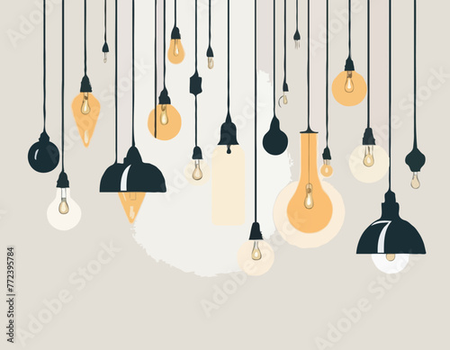 Hanging lamps banner. Home ceiling lamp with bulbs. Electric modern interior decor design, lights decorative vintage chandeliers retro racy vector background
