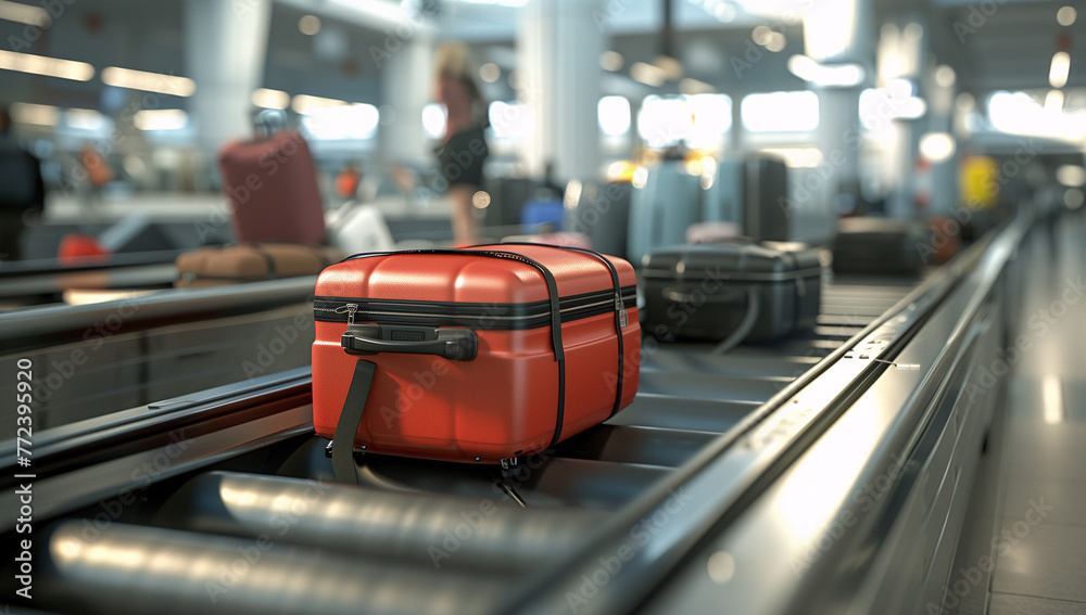 Some suitcases circulating on an airport conveyor belt to be picked up by their owners. Concept of travel, vacations and luggage.