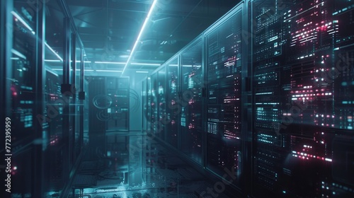 Credit bureaus scifi data processing, hyperrealistic depiction with moody lighting photo