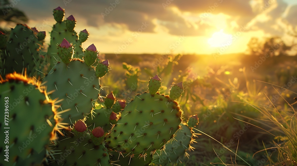 Closeup of prickly pear cactus and tuna fruit in texas landscape with sunset in background Closeup of prickly pear cactus and tuna fruit in texas landscape with sunset in background