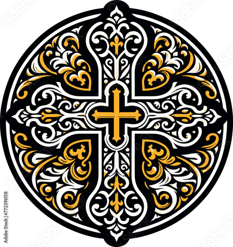 Vector illustration of an ornamental Christian cross, featuring a Celtic cross or Armenian Khachkar design within a circular frame, incorporating Christian motifs and Catholic ornamentation. 