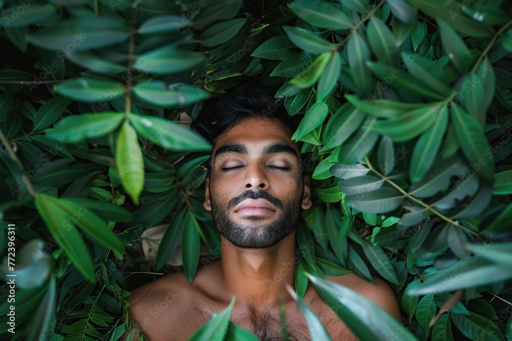 Indian man model lying in green jungle leaves, eyes closed Indian man model lying in green jungle leaves, eyes closed