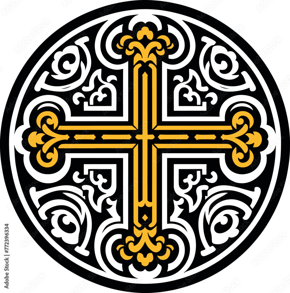 Vector illustration of an ornamental Christian cross, featuring a Celtic cross or Armenian Khachkar design within a circular frame, incorporating Christian motifs and Catholic ornamentation. 