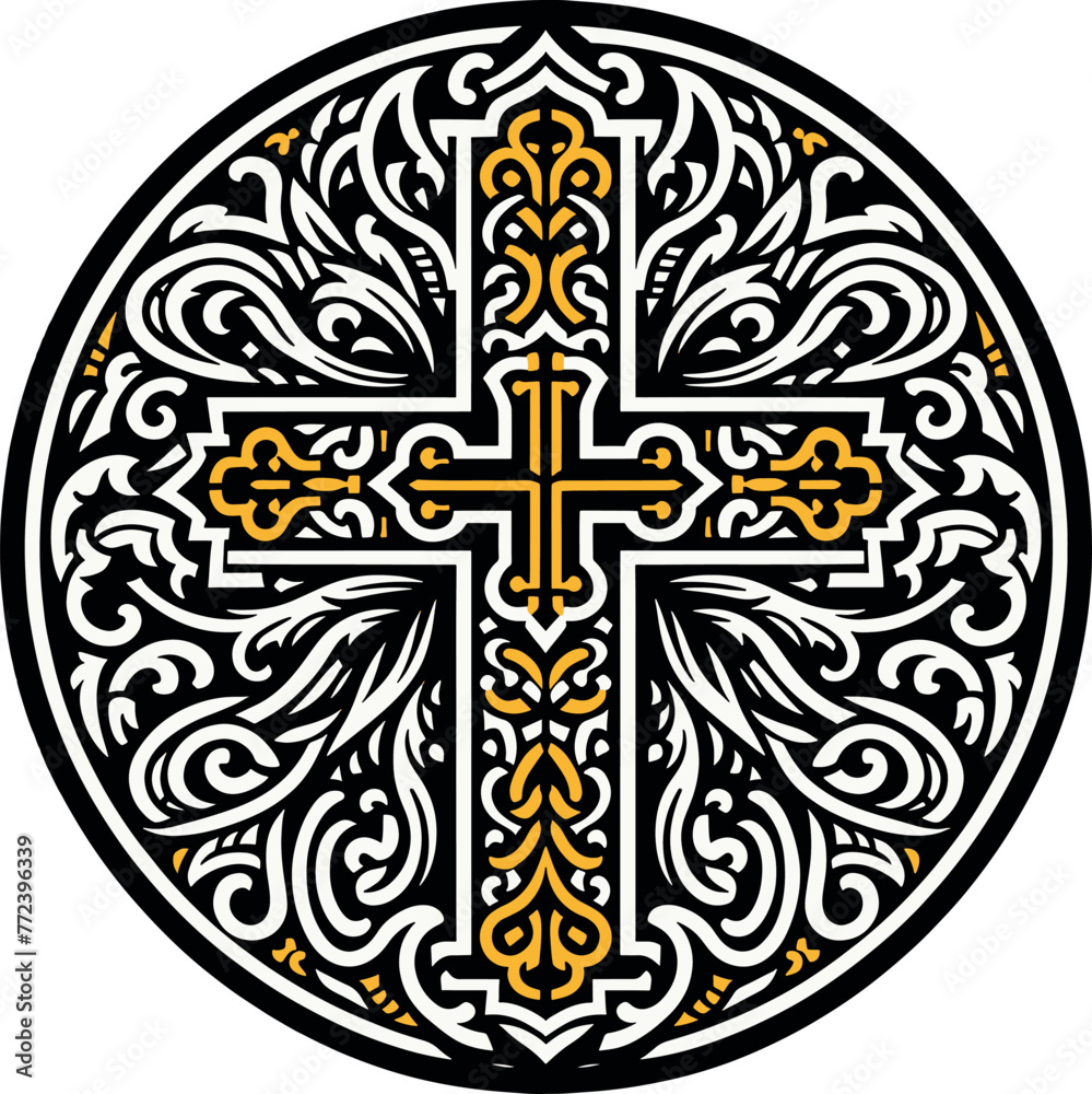 Vector illustration of an ornamental Christian cross, featuring a Celtic cross or Armenian Khachkar design within a circular frame, incorporating Christian motifs and Catholic ornamentation. Vector illustration of an ornamental Christian cross, featuring a Celtic cross or Armenian Khachkar design within a circular frame, incorporating Christian motifs and Catholic ornamentation.
