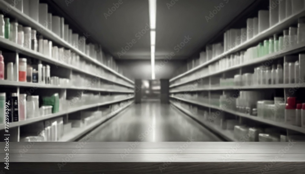 Pharmacy Product Placement: Abstract Blurred Aisle Shelf Distribution Background