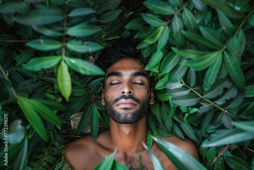 Indian man model lying in green jungle leaves, eyes closed