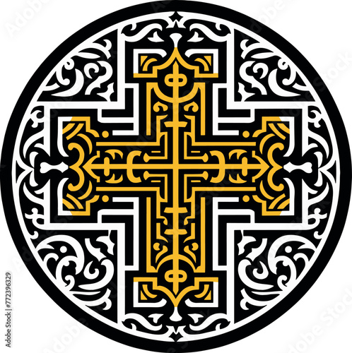 Vector illustration of an ornamental Christian cross, featuring a Celtic cross or Armenian Khachkar design within a circular frame, incorporating Christian motifs and Catholic ornamentation. 