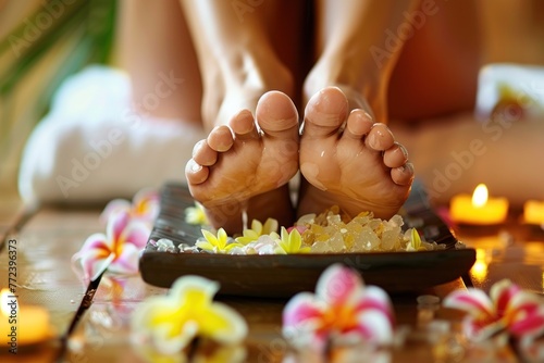 Pedicure treatment being performed on female feet at a spa photo