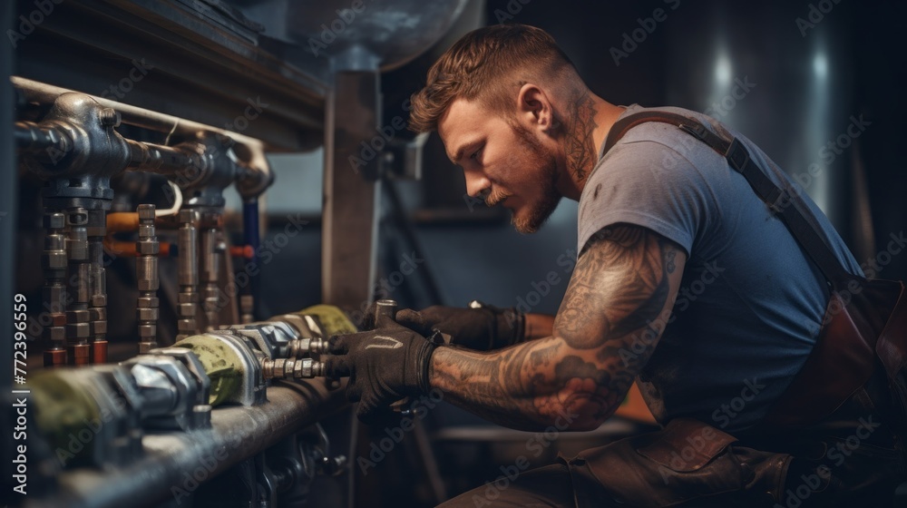 A man with tattoos on his arms is working on a pipe A man with tattoos on his arms is working on a pipe