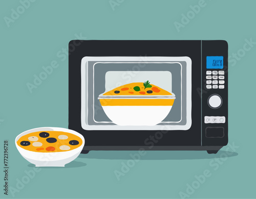 A microwave oven with tumblers and buttons, a kitchenware appliance with a bowl of soup warming inside
