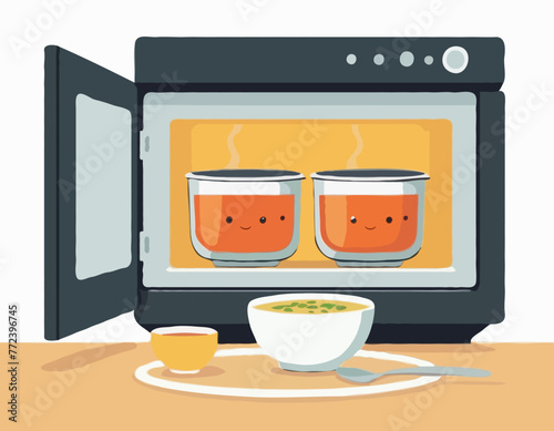 A microwave oven with tumblers and buttons, a kitchenware appliance with a bowl of soup warming inside
