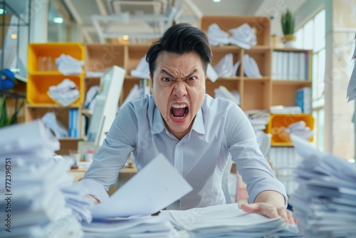 Pissed off asian office worker cluttered with paperwork shouting, theme or concept of a rush at work