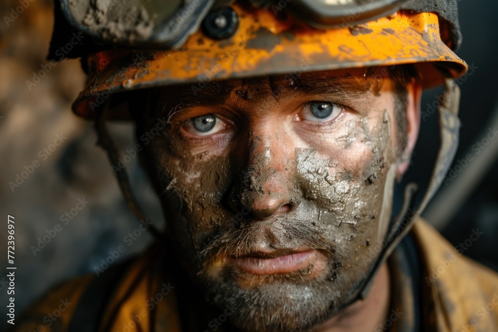 Portrait of a male miner in a helmet and goggles. A miner with a very dirty face underground in a coal Portrait of a male miner in a helmet and goggles. A miner with a very dirty face underground in a coal