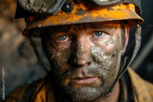 Portrait of a male miner in a helmet and goggles. A miner with a very dirty face underground in a coal
