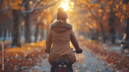 As she cycles into the sunset, a young woman looks on