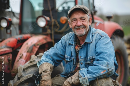 Portrait of a smiling farmer sitting next to a tractor in working clothes