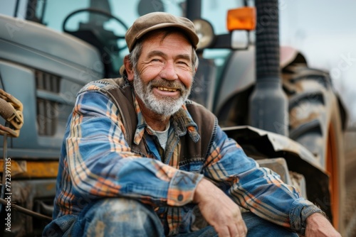Portrait of a smiling farmer sitting next to a tractor in working clothes photo