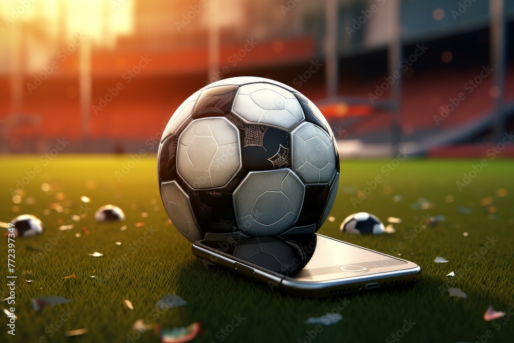 Competitive Smartphone soccer ball game. Internet field. Generate Ai - obrazy, fototapety, plakaty 
