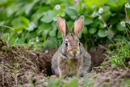 Rabbit looking out of hole a shallow burrow in the ground